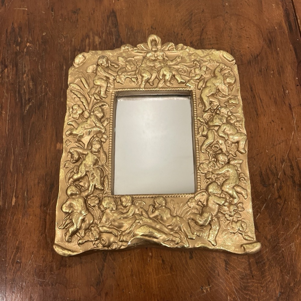 Gilt Gold Cherub Mirror 10 1/2" X 8 1/2" Hanging Wall, Heavy Plaster, Small